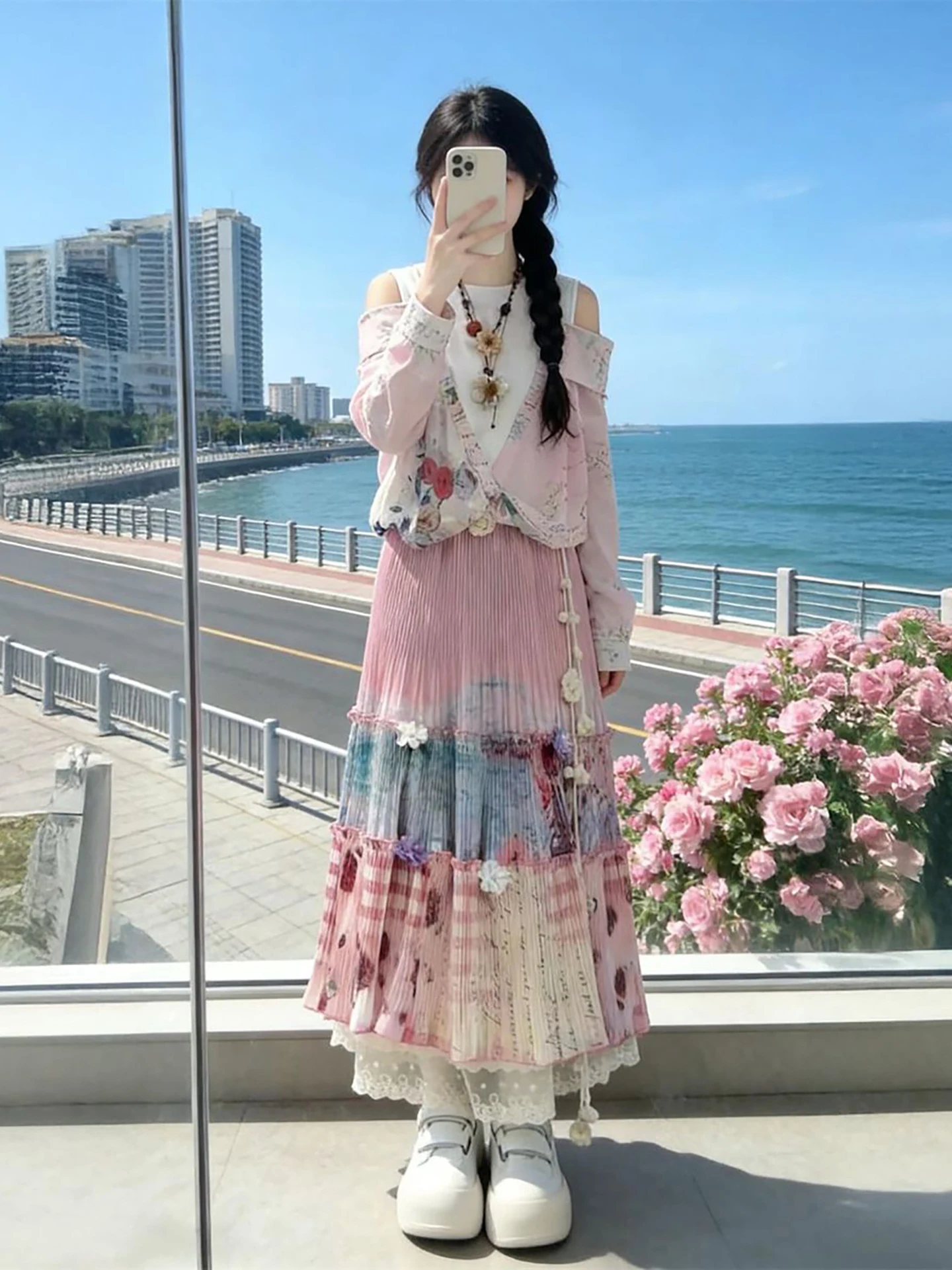 Elegant Pink Off-Shoulder Gingham Skirt And Shirt Two-Piece Set Floral Design Sunscreen Long Sleeve Casual Wear for Teens
Elegant Pink Off-Shoulder Gingham Skirt And Shirt Two-Piece Set Floral Design Sunscreen Long Sleeve Casual Wear for Teens