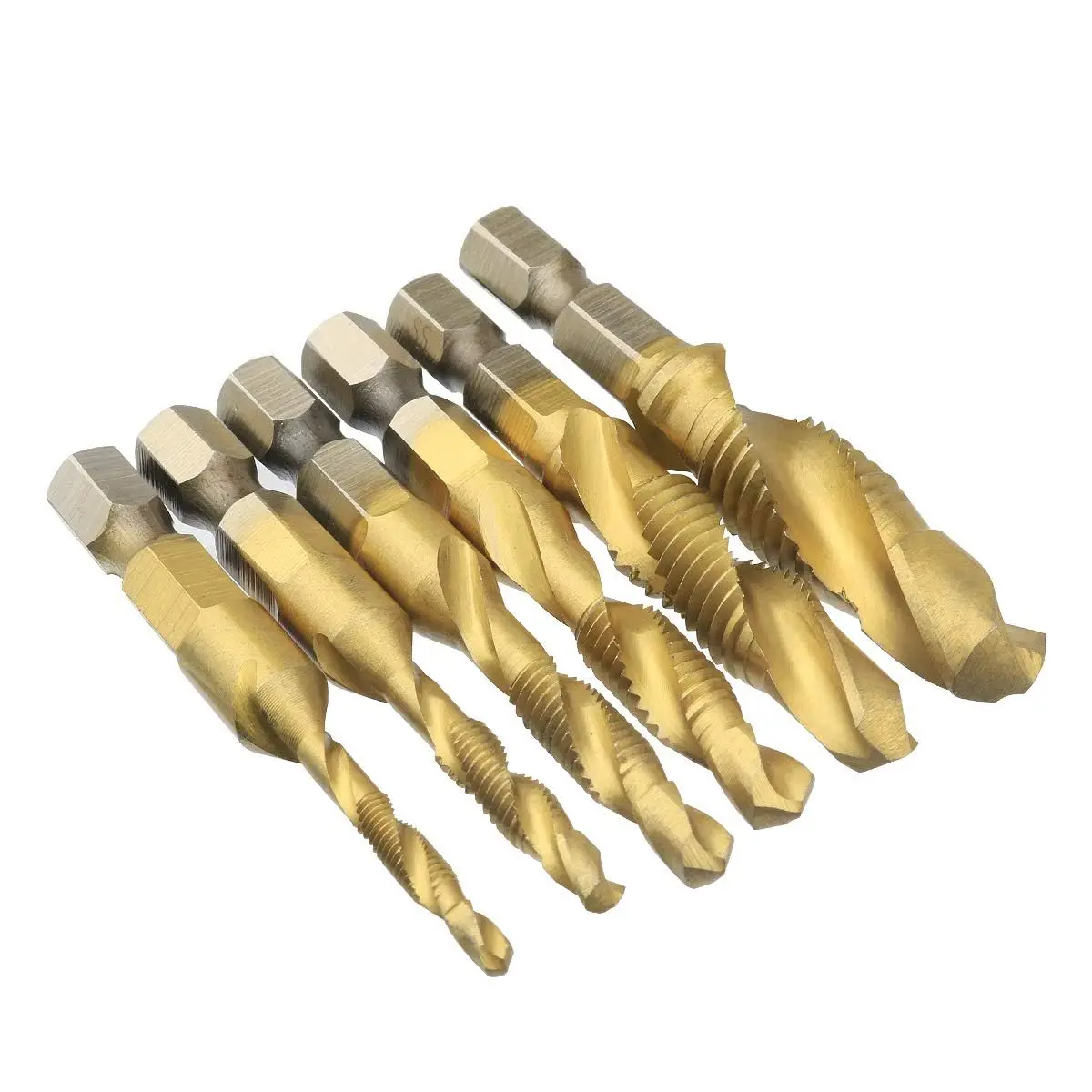 6 Pcs Metric Thread M3-M10 Screw Tapping Tool 1/4" Hex Shank Titanium Plated HSS Combination Drill and Tap Set
6 Pcs Metric Thread M3-M10 Screw Tapping Tool 1/4" Hex Shank Titanium Plated HSS Combination Drill and Tap Set