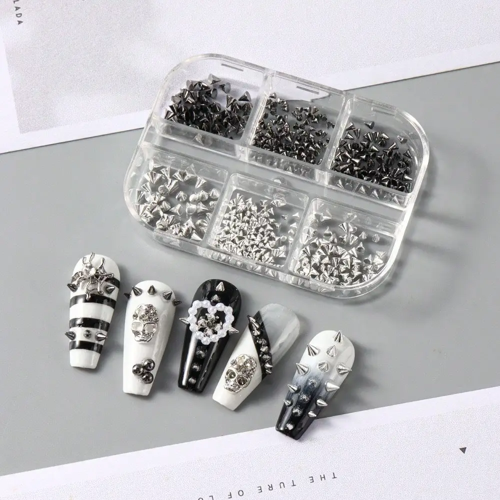 Black Silver Spike Nail Studs Set, 3D Metal Rivet Nail Art Charms, Punk Rock DIY Manicure Decoration Accessories
Black Silver Spike Nail Studs Set, 3D Metal Rivet Nail Art Charms, Punk Rock DIY Manicure Decoration Accessories