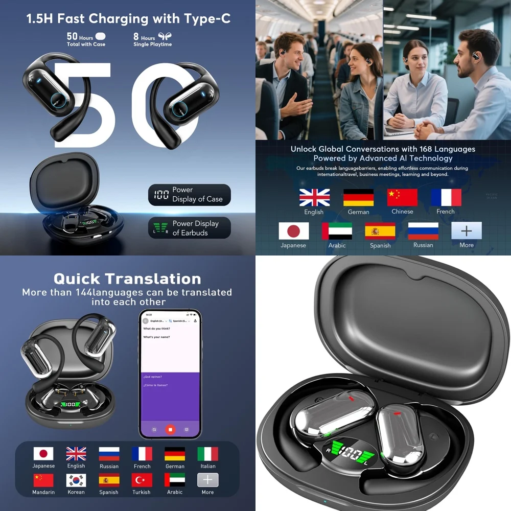 UYUXIO Real Time Translation Earbuds OWS AI Language Translator Wireless Earphone for iPhone Android with 144 Online Languages
UYUXIO Real Time Translation Earbuds OWS AI Language Translator Wireless Earphone for iPhone Android with 144 Online Languages