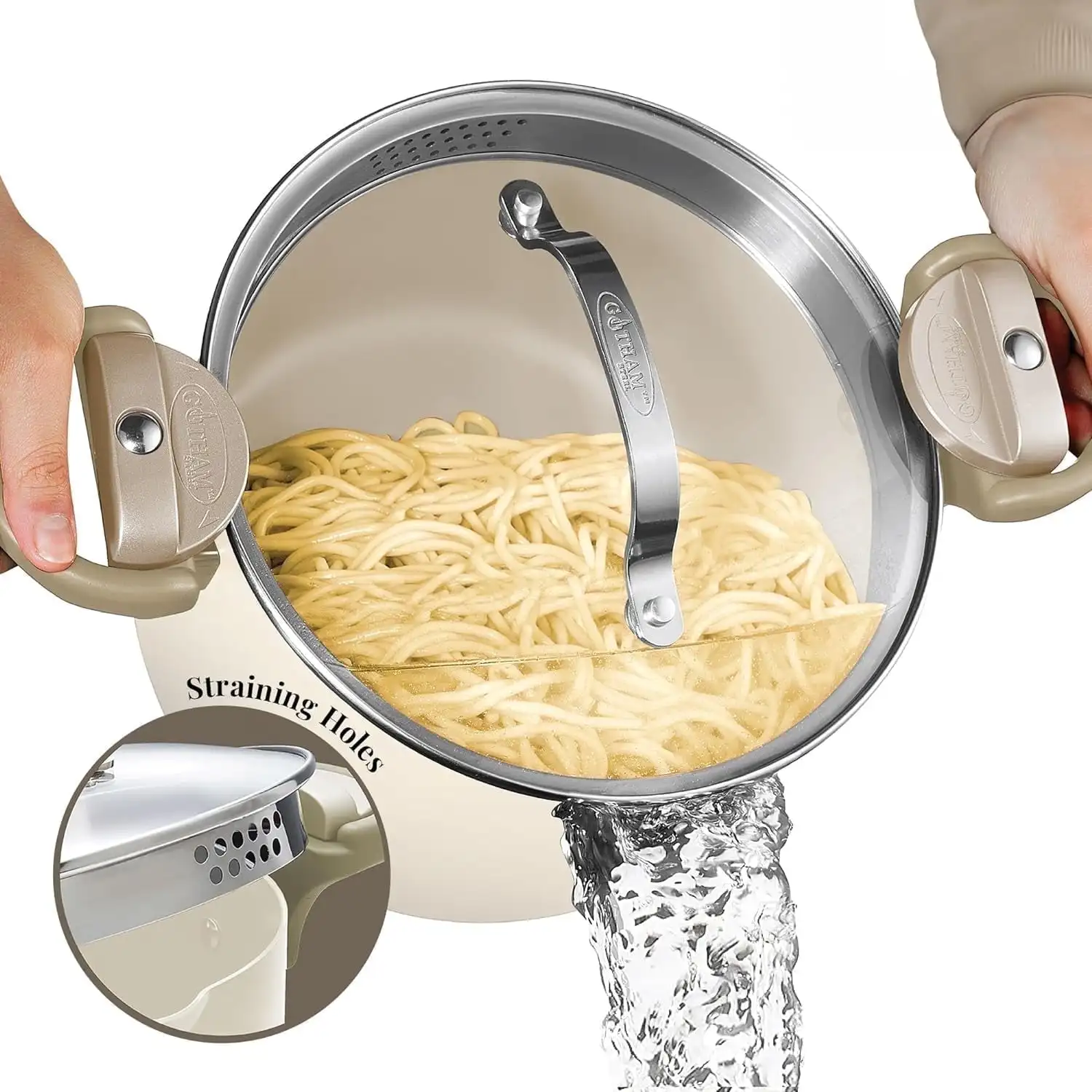 5 Qt Nonstick Pasta Pot with Strainer Lid & Twist and Lock Handles, Multipurpose Stock Pot, Dishwasher Safe, Cream
5 Qt Nonstick Pasta Pot with Strainer Lid & Twist and Lock Handles, Multipurpose Stock Pot, Dishwasher Safe, Cream