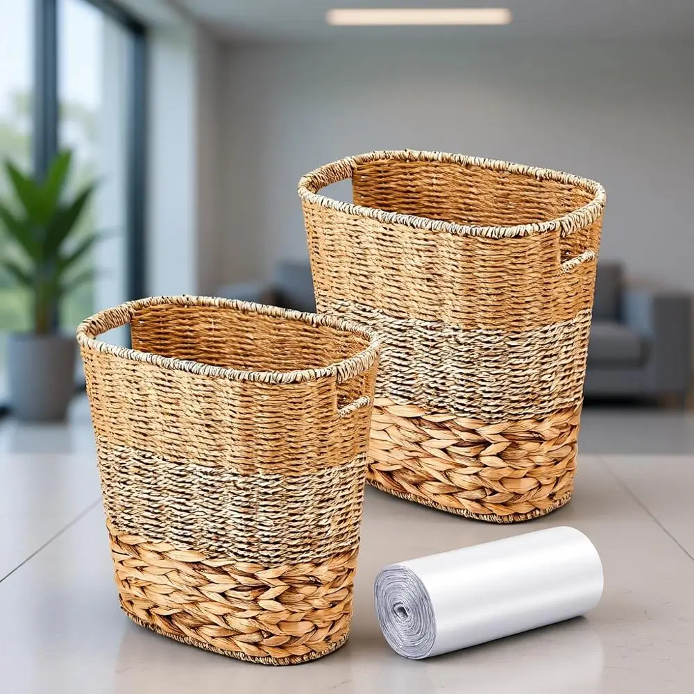 Dual Wicker Trash Cans with 50 Liners - Elegant Weave Baskets for Waste, Ideal for Kitchen, Bathroom, and Bedrooms
Dual Wicker Trash Cans with 50 Liners - Elegant Weave Baskets for Waste, Ideal for Kitchen, Bathroom, and Bedrooms
