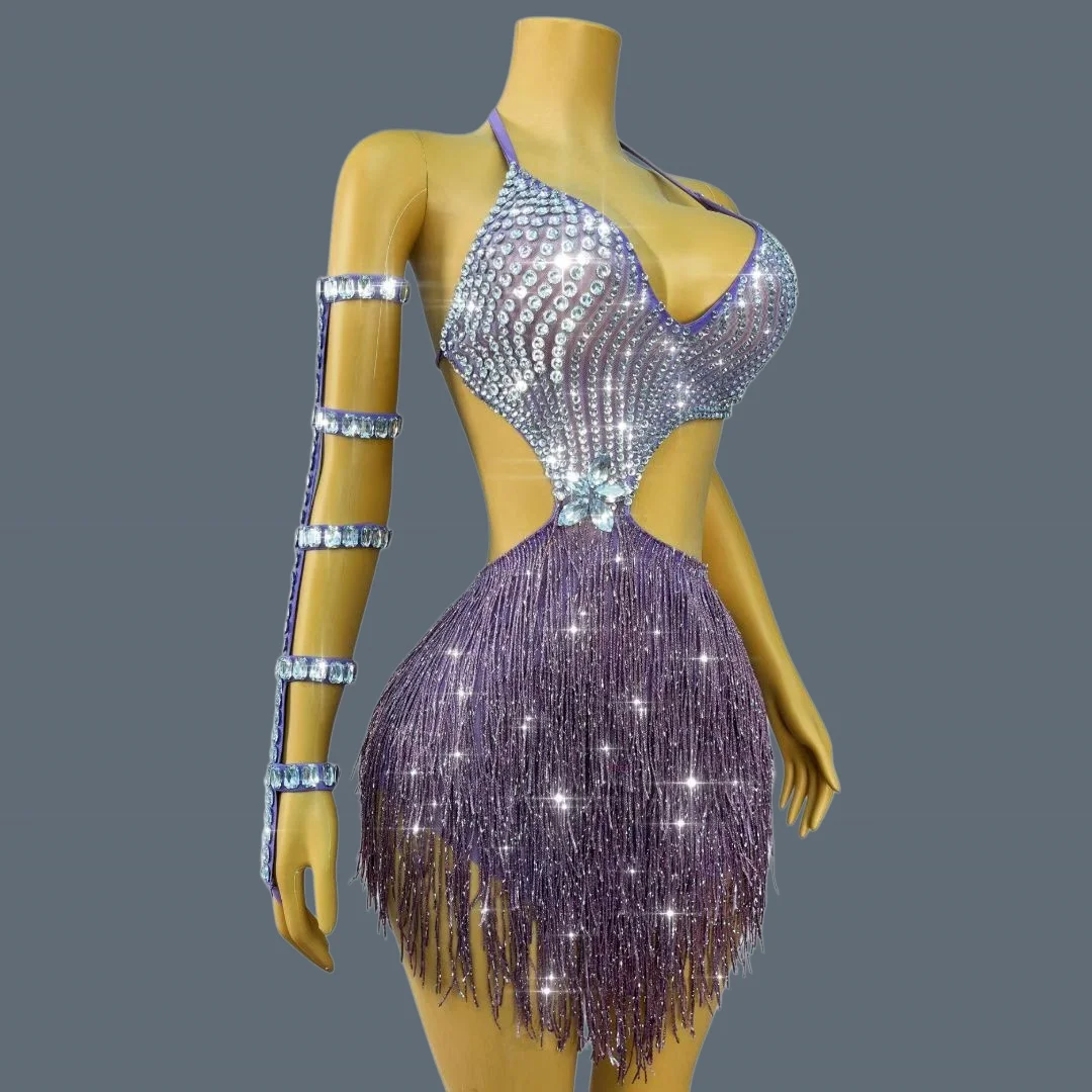 Purple Sparkly Crystals Fringe Mini Dress Spaghetti Strap Cutout Waist Arm Cuff Latin Dance Competition Stage Show Outfit Zipopo
Purple Sparkly Crystals Fringe Mini Dress Spaghetti Strap Cutout Waist Arm Cuff Latin Dance Competition Stage Show Outfit Zipopo