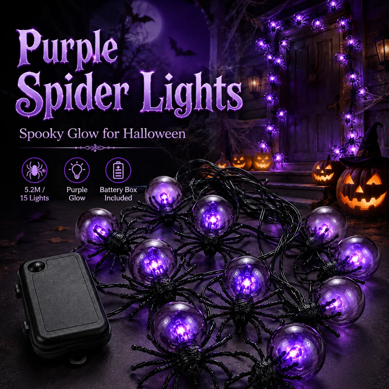 5.2M 15LED Purple Spider String Lights Halloween Battery Powered Spider Garland for Porch Door Window Party Haunted House Decor
5.2M 15LED Purple Spider String Lights Halloween Battery Powered Spider Garland for Porch Door Window Party Haunted House Decor