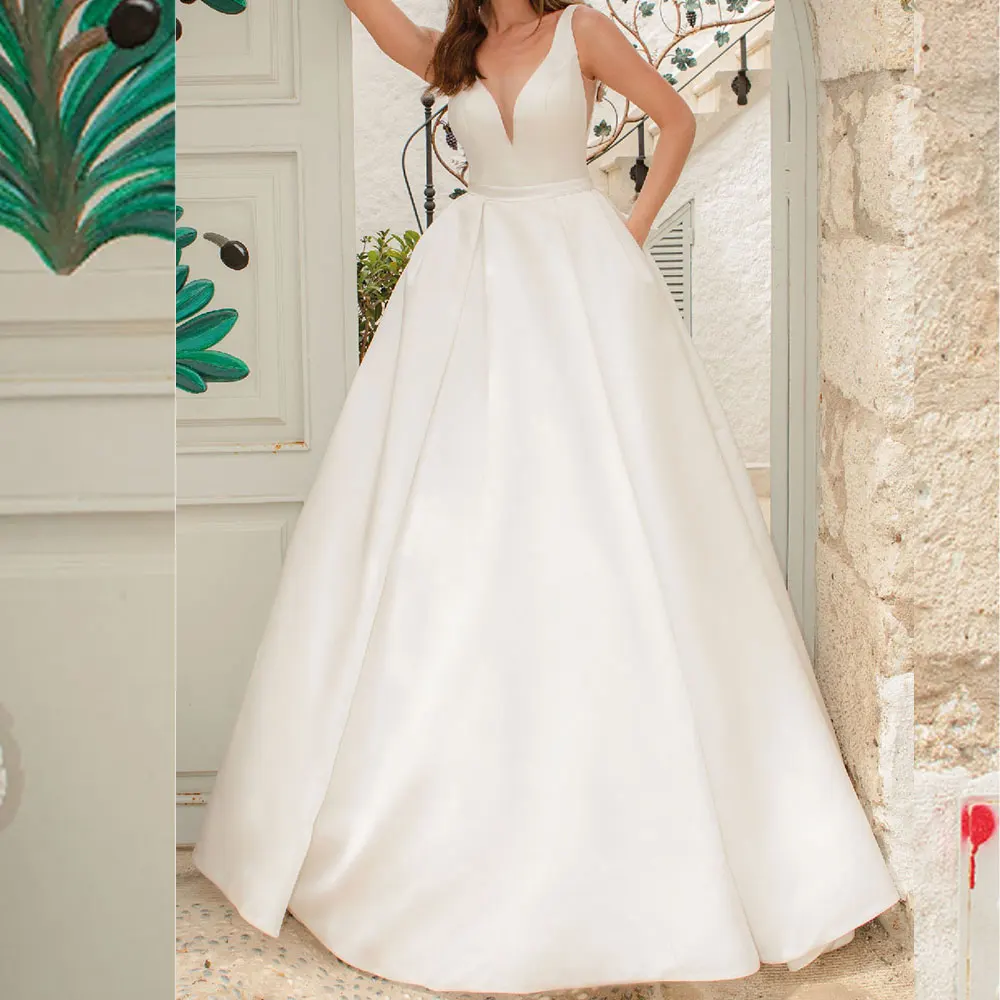 Classic Vestidos novia Satin Off Shoulder Wedding Dresses With Bow Long Ball Gown For Bride V Neck Beach Bridal Gown For Women
Classic Vestidos novia Satin Off Shoulder Wedding Dresses With Bow Long Ball Gown For Bride V Neck Beach Bridal Gown For Women