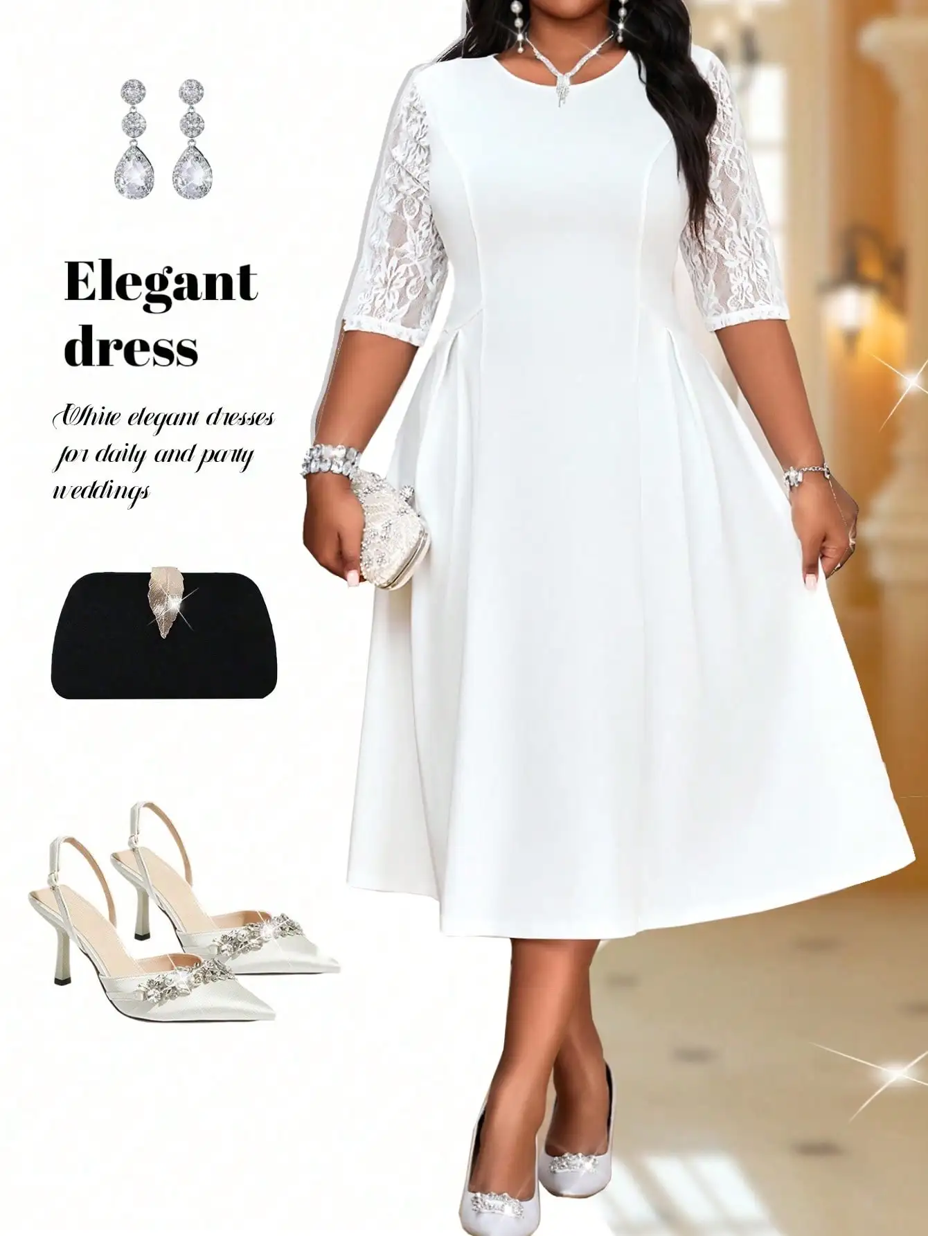 Белое элегантное платье А-силуэта с кружевными рукавами для свадеб и вечеринок
Белое элегантное платье А-силуэта с кружевными рукавами для свадеб и вечеринок