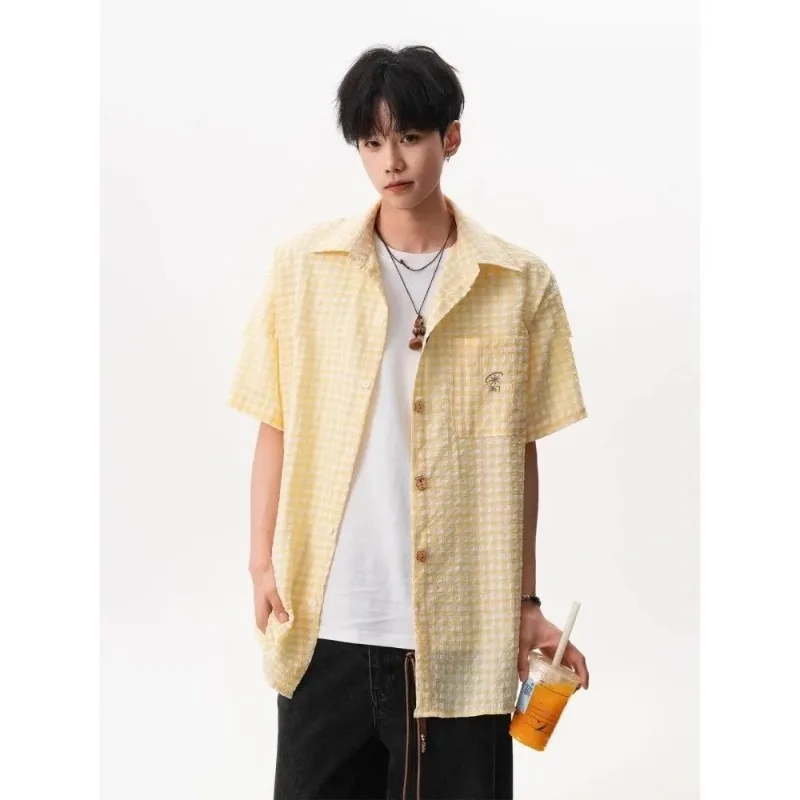 Unisex Japanese Yellow Plaid Short Sleeve Shirt with Flower Embroidery Casual Summer Blouse
Unisex Japanese Yellow Plaid Short Sleeve Shirt with Flower Embroidery Casual Summer Blouse