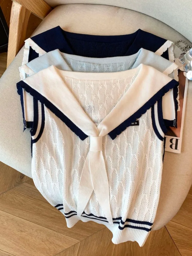 Korean Trendy Sweet Niche Design Slim Navy Collar Knit T-shirt Vest Women Sleeveless Vest Top Summer Wear Young Women Sexy
Korean Trendy Sweet Niche Design Slim Navy Collar Knit T-shirt Vest Women Sleeveless Vest Top Summer Wear Young Women Sexy