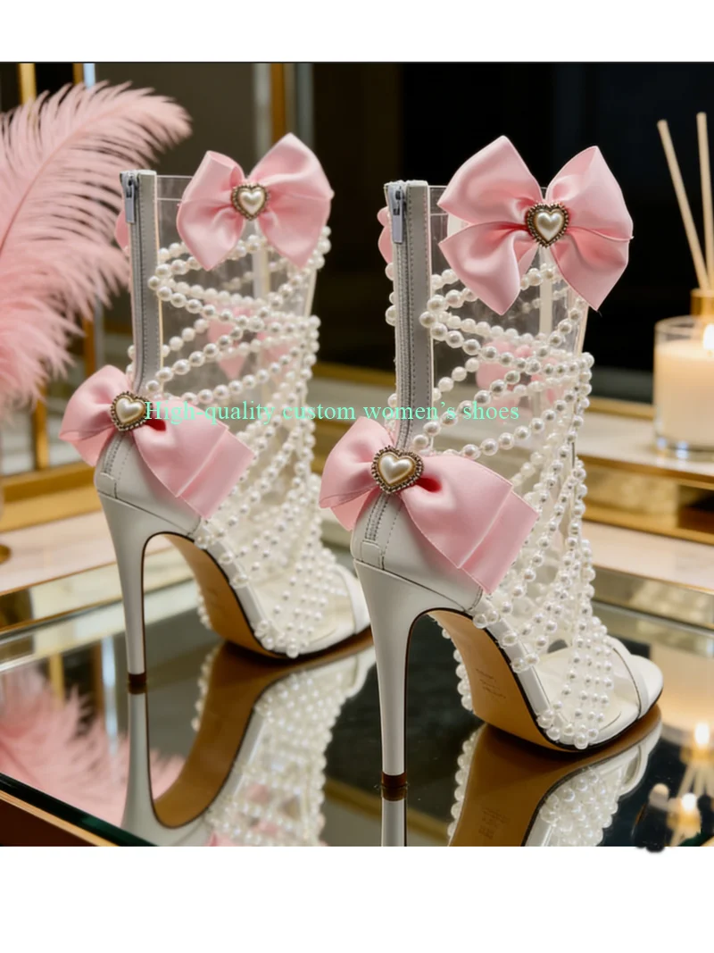 Transparent Round Toe String Of white Pearls Women's Summer Ankle Boots Pink Bow Decoration Luxury Women's Shoes For Banquets
Transparent Round Toe String Of white Pearls Women's Summer Ankle Boots Pink Bow Decoration Luxury Women's Shoes For Banquets