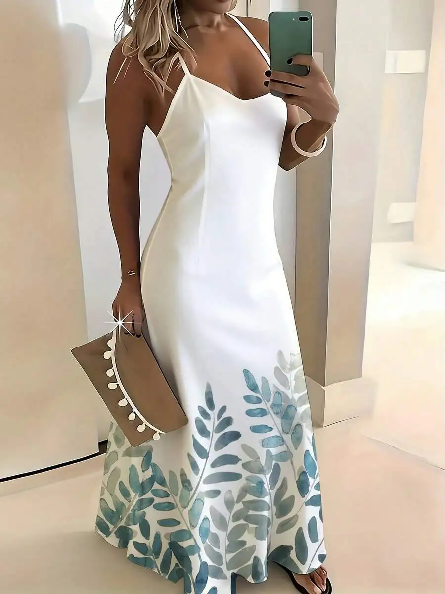White V Neck Sleeveless Maxi Dress With Blue Leaf Print Boho Summer Beach Vacation Outfit
White V Neck Sleeveless Maxi Dress With Blue Leaf Print Boho Summer Beach Vacation Outfit