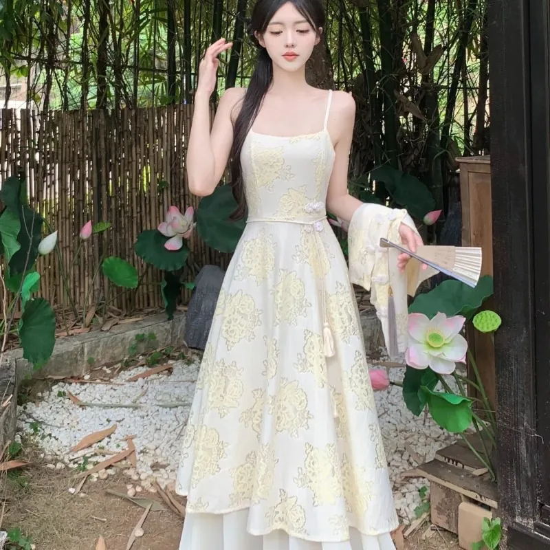 Womens Chinese Style Jacquard Cami Dress With Cardigan Two Piece Set
Womens Chinese Style Jacquard Cami Dress With Cardigan Two Piece Set