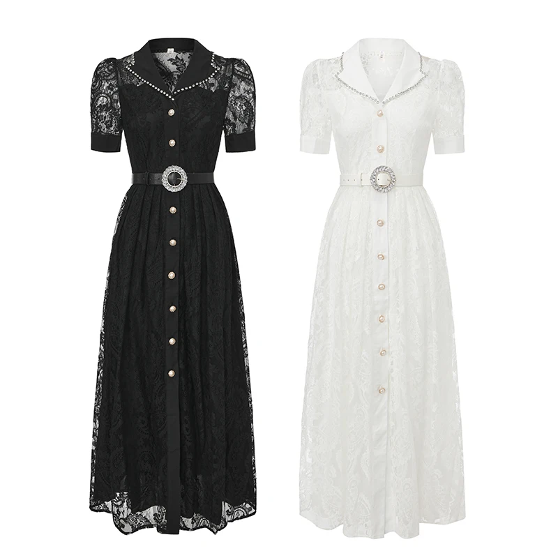 Vintage Beading Black White Lace Midi Dress Women Elegant Pearl V Neck Puff Sleeve Dress with Belt Formal Party Office Dresses
Vintage Beading Black White Lace Midi Dress Women Elegant Pearl V Neck Puff Sleeve Dress with Belt Formal Party Office Dresses