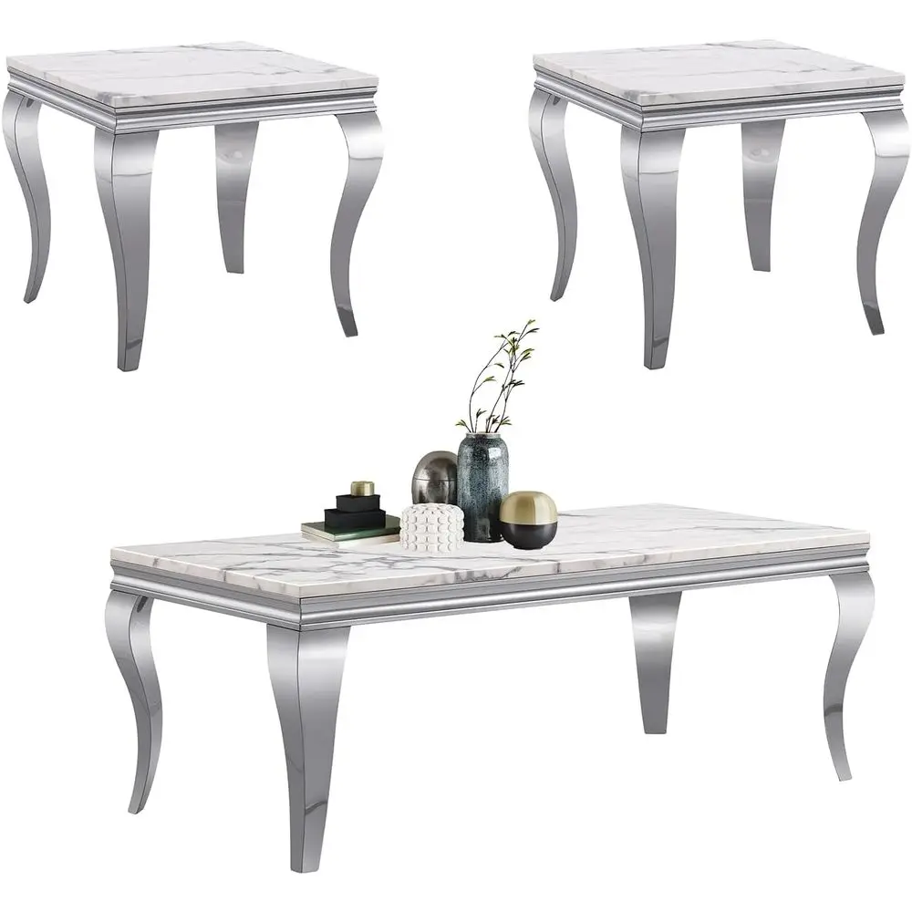 3-Piece White Living Room Table Set with Marble Top and Stainless Steel Legs
3-Piece White Living Room Table Set with Marble Top and Stainless Steel Legs