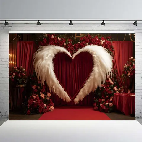 Fondo de fotografía del Día de San Valentín Palacio Retro cortina roja pared amor corazón rosas 14 de febrero telón de fondo para fotografía de fiesta de boda