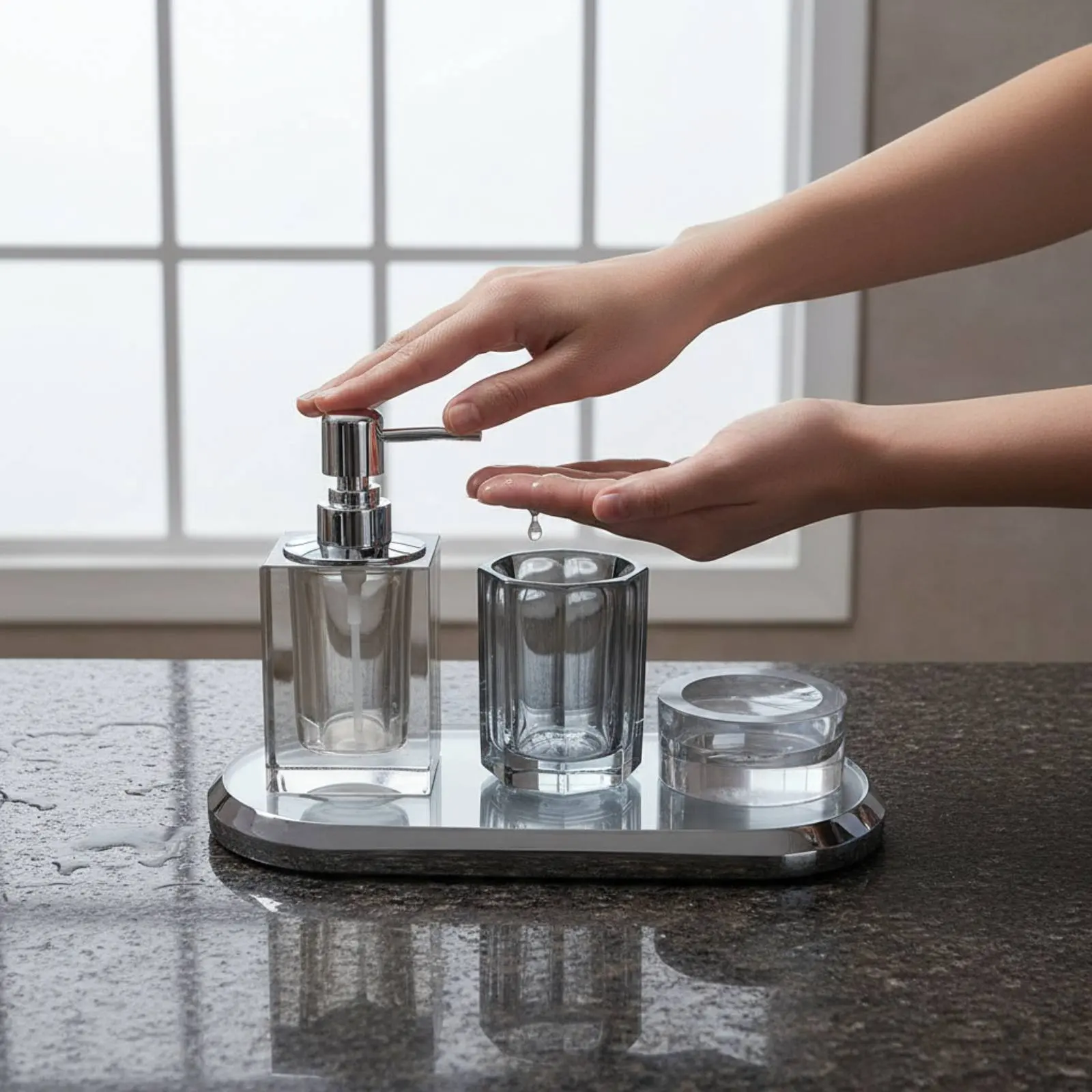 Crystal Glass Bathroom Set Easy to Clean Glass Bathroom Set Geometric Pattern Electroplated Finish for Hotel Room
Crystal Glass Bathroom Set Easy to Clean Glass Bathroom Set Geometric Pattern Electroplated Finish for Hotel Room