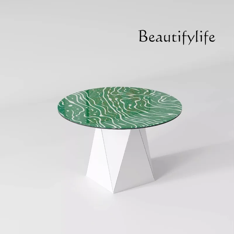 Modern minimalist creative art restaurant household green glass round dining table round table geometric base 
Modern minimalist creative art restaurant household green glass round dining table round table geometric base