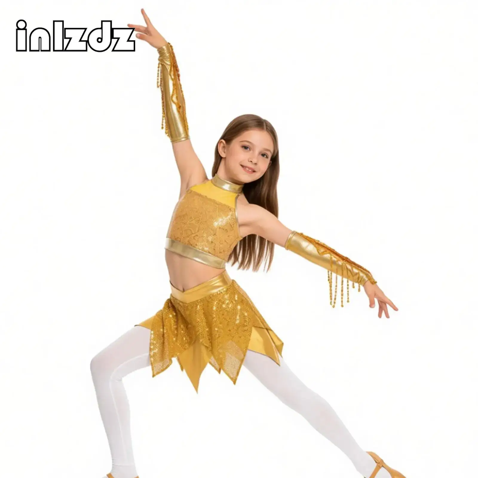 Kids Girls Jazz Tango Latin Dance Performance Outfits Sleeveless Sparkly Sequins Crop Top with Skirt and Sequined Tassels Gloves
Kids Girls Jazz Tango Latin Dance Performance Outfits Sleeveless Sparkly Sequins Crop Top with Skirt and Sequined Tassels Gloves