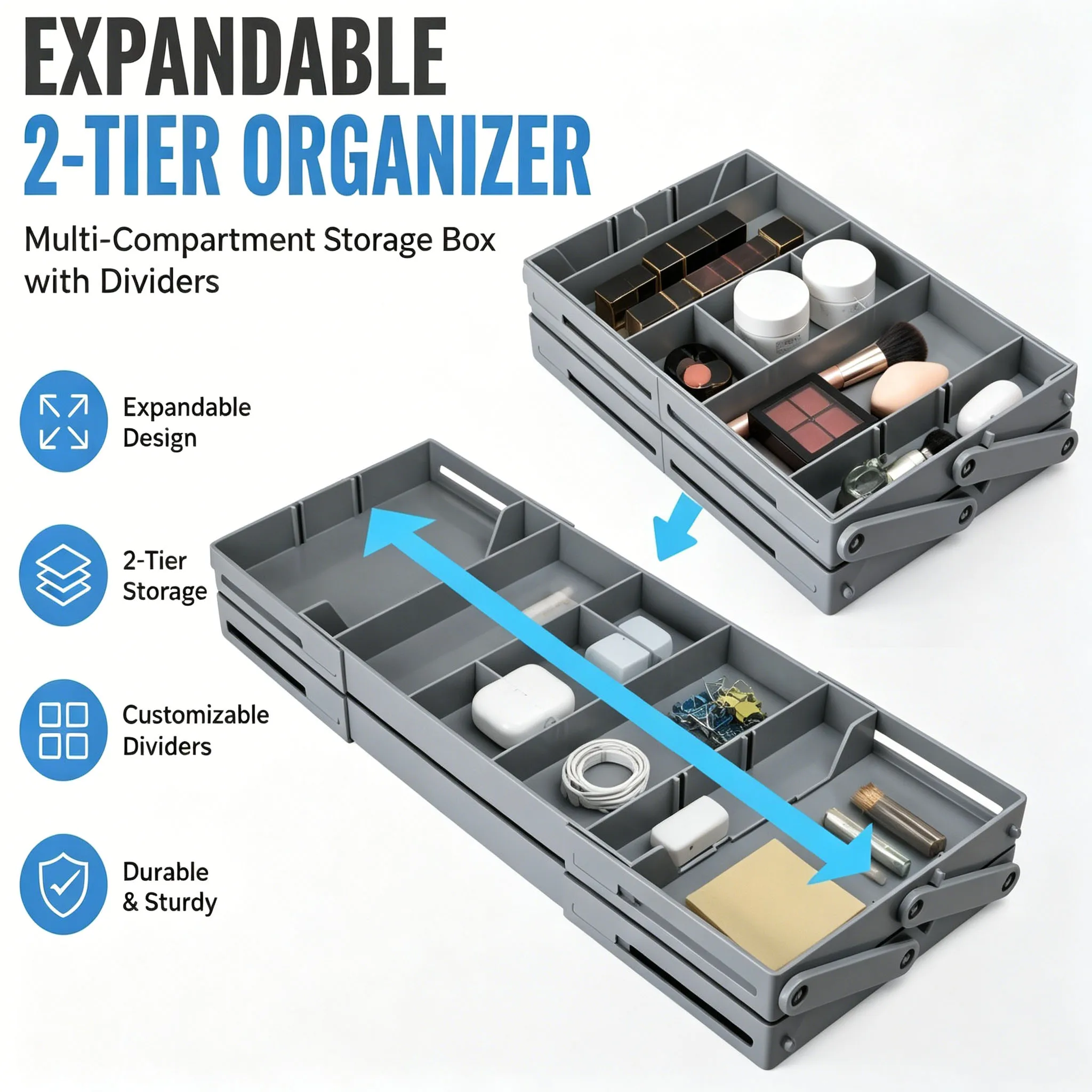 Expandable 2-Tier Drawer Organizer Multi-Compartment Storage Box with Dividers for Kitchen Makeup Office Bathroom Space-Saving
Expandable 2-Tier Drawer Organizer Multi-Compartment Storage Box with Dividers for Kitchen Makeup Office Bathroom Space-Saving