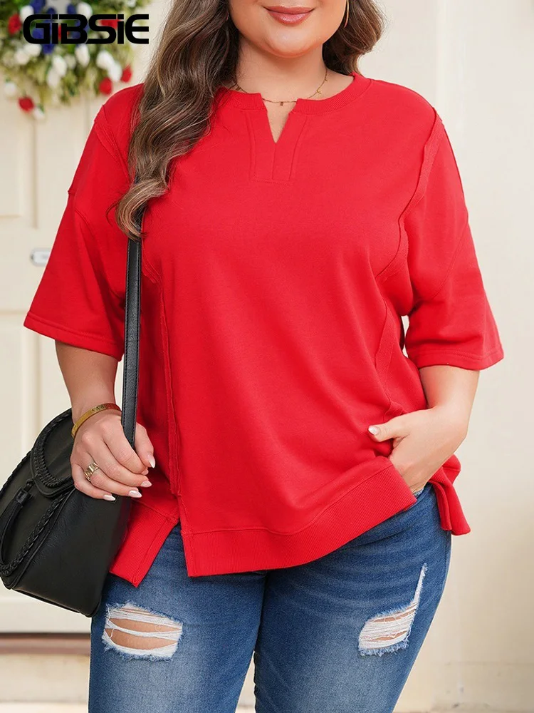 GIBSIE Plus Size Notch Neck Half Sleeve Split Hem T Shirt Women New Summer 2026 Solid Color Versatile Casual Female Tops Tee
GIBSIE Plus Size Notch Neck Half Sleeve Split Hem T Shirt Women New Summer 2026 Solid Color Versatile Casual Female Tops Tee