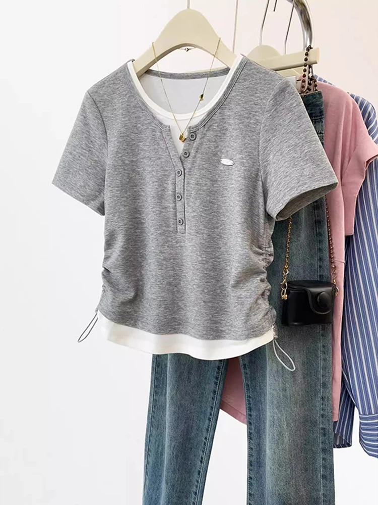 Women Fake Two Pieces T-shirt 2025 Summer New O-Neck Short Sleeve Drawstring T-shirt Fashion Slim Fit Pullover Tops
Women Fake Two Pieces T-shirt 2025 Summer New O-Neck Short Sleeve Drawstring T-shirt Fashion Slim Fit Pullover Tops