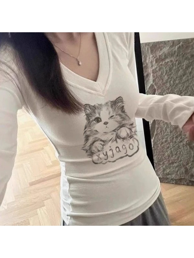 HOUZHOU Chic Kitten Print V-Neck Long-Sleeve T-Shirt Women Fall Slim-Fit Waist-Cinching Slimming Top Gray Kawaii Clothing
HOUZHOU Chic Kitten Print V-Neck Long-Sleeve T-Shirt Women Fall Slim-Fit Waist-Cinching Slimming Top Gray Kawaii Clothing