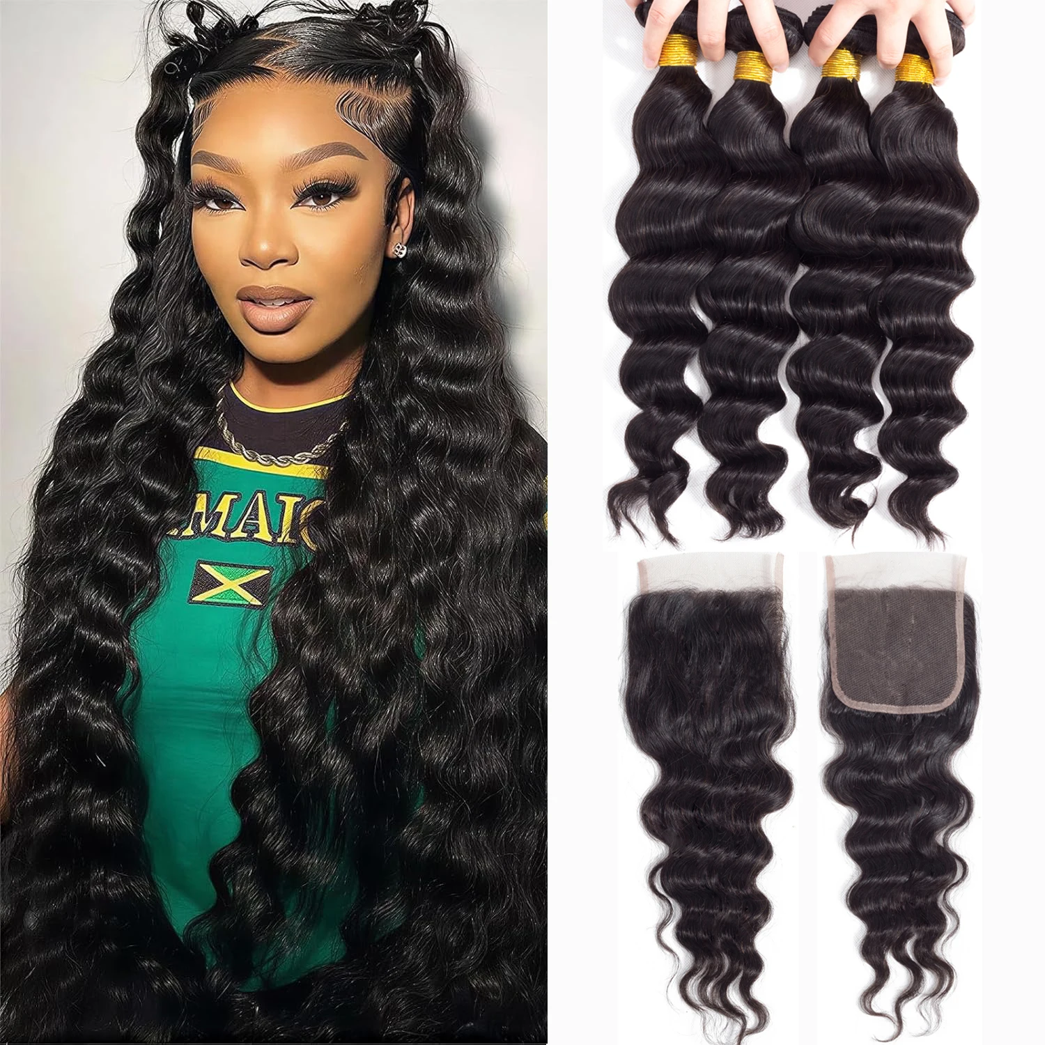 12A Loose Wave Bundles with Closure 4x4 Lace Closure with Bundles Loose Wave Bundles 100% Human Hair For Black Woman
12A Loose Wave Bundles with Closure 4x4 Lace Closure with Bundles Loose Wave Bundles 100% Human Hair For Black Woman