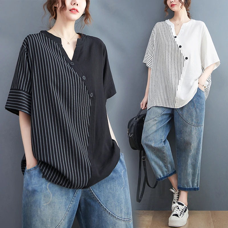 Модный летний топ для полных женщин: полосатый, с лоскутным узором, V-образным вырезом, приталенный, повседневный
Модный летний топ для полных женщин: полосатый, с лоскутным узором, V-образным вырезом, приталенный, повседневный