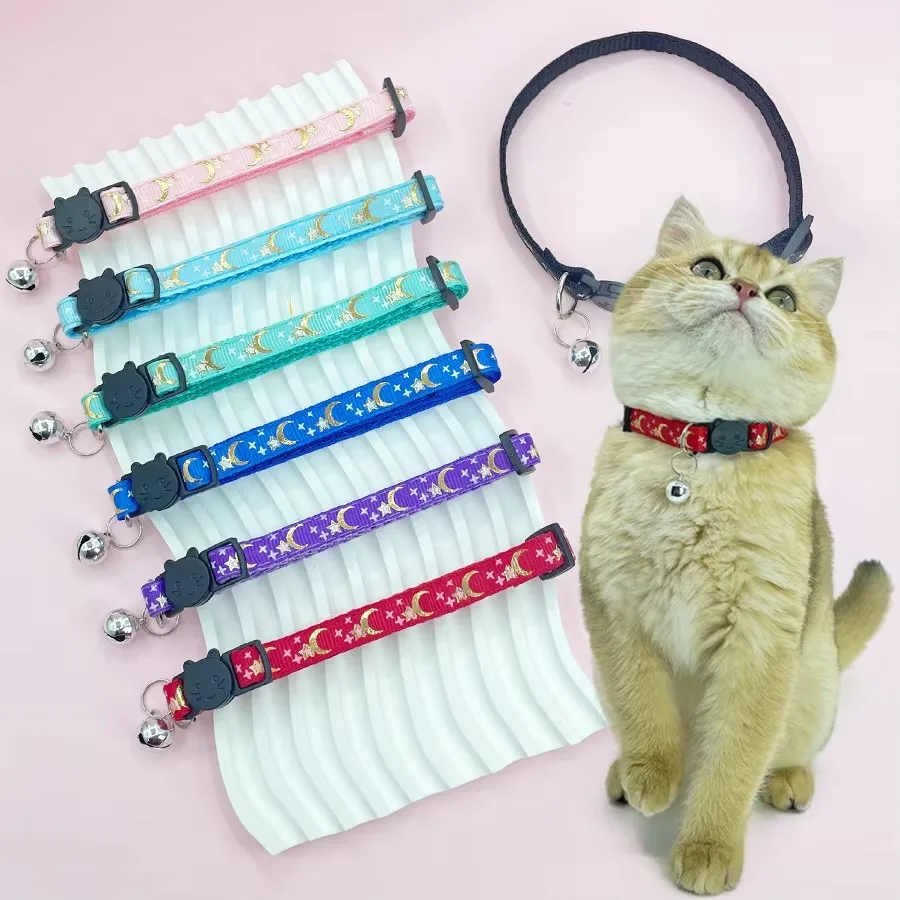 New cat pet bronzing collar, star moon cat face buckle adjustable bell cat collar
New cat pet bronzing collar, star moon cat face buckle adjustable bell cat collar