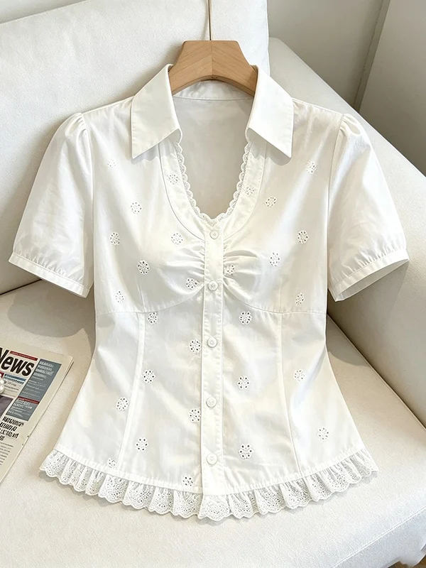 Fashionable White Lace Trim Short Sleeve Slim Fit Shirt for Women Summer 2026 Korean Style Commute Wind Regular Thickness
Fashionable White Lace Trim Short Sleeve Slim Fit Shirt for Women Summer 2026 Korean Style Commute Wind Regular Thickness