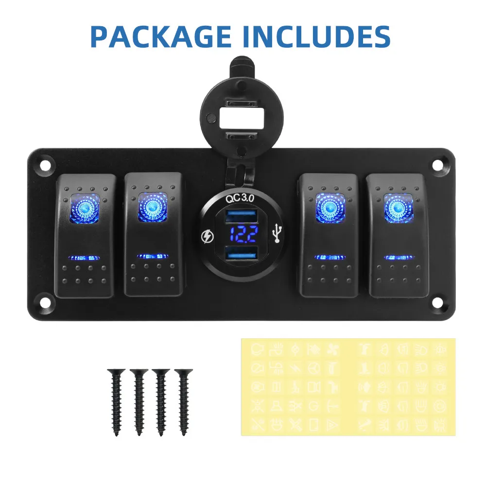 Customized 4 Gang Rocker Switch With USB Charger LED Rocker Switch Panel Light Toggle Buttons For Marine Boat RV Caravan Truck
Customized 4 Gang Rocker Switch With USB Charger LED Rocker Switch Panel Light Toggle Buttons For Marine Boat RV Caravan Truck