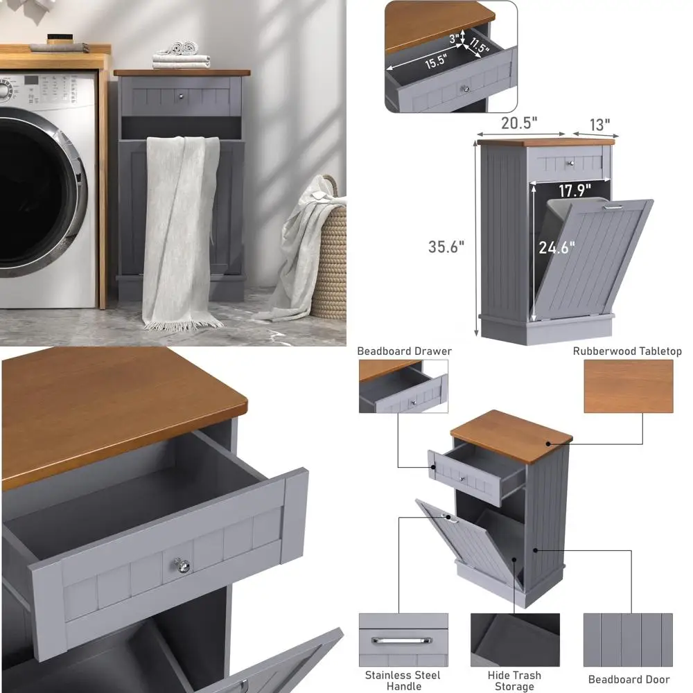 Antique-Style Beadboard Kitchen Island with Solid Wood Top and Pet-Proof Trash Can, Grey Single-Door Laundry Cabinet
Antique-Style Beadboard Kitchen Island with Solid Wood Top and Pet-Proof Trash Can, Grey Single-Door Laundry Cabinet