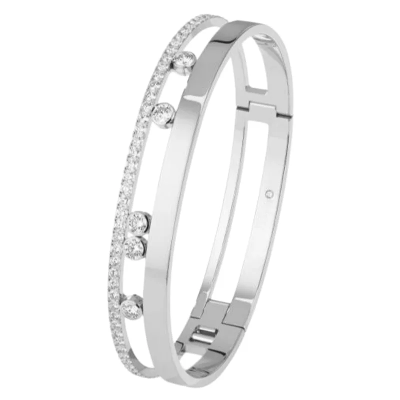 Silver Plated Double Layer Open Bangle, Paved Cuff Bracelet with Five Floating Stones
Silver Plated Double Layer Open Bangle, Paved Cuff Bracelet with Five Floating Stones