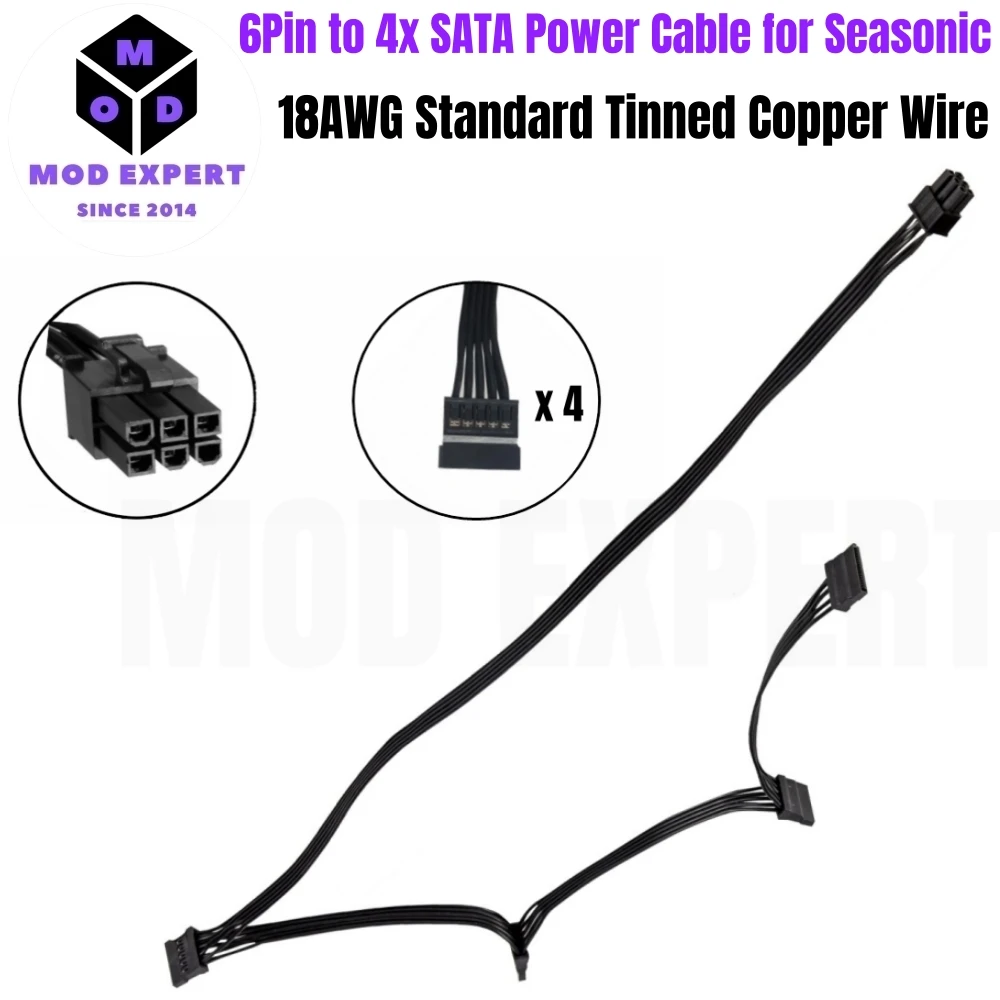 6Pin to 4x SATA Straight, SSD HDD Power Cable for Seasonic Platinum 660W, 760W, 860W, 1050W, 1200W Modular Power, 50+15+15+15 CM
6Pin to 4x SATA Straight, SSD HDD Power Cable for Seasonic Platinum 660W, 760W, 860W, 1050W, 1200W Modular Power, 50+15+15+15 CM