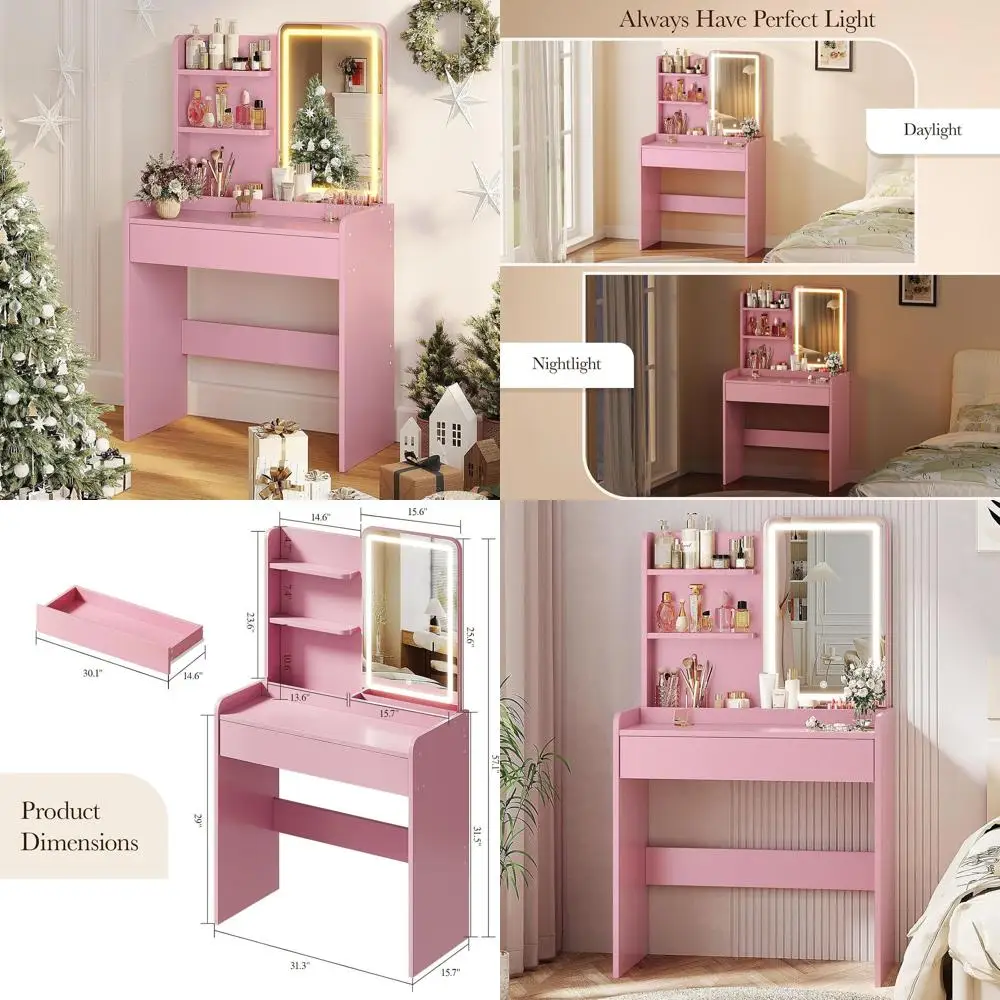 Compact Makeup Vanity Desk with Mirror, Lights, and Storage for Women's Bedroom in Pink
Compact Makeup Vanity Desk with Mirror, Lights, and Storage for Women's Bedroom in Pink