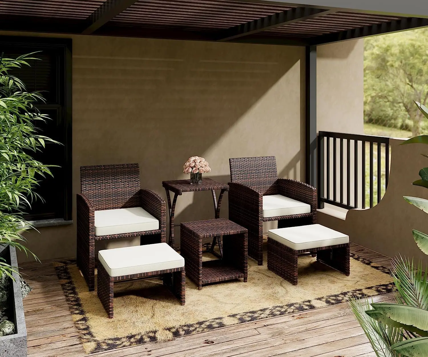 6 Piece Patio Furniture Conversation Set with Ottoman, Outdoor Brown Wicker Chair and Table Set with Beige Cushion, Balcony
6 Piece Patio Furniture Conversation Set with Ottoman, Outdoor Brown Wicker Chair and Table Set with Beige Cushion, Balcony