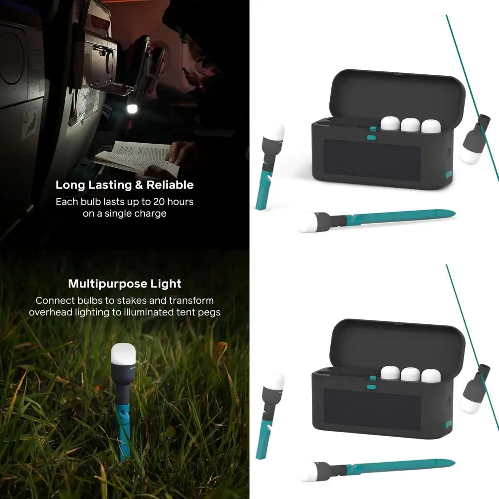 Portable Solar Camping Lights with Detachable, Hangable Bulbs, Durable ABS Stakes, and Solar Recharge Case with USB-C I/O
Portable Solar Camping Lights with Detachable, Hangable Bulbs, Durable ABS Stakes, and Solar Recharge Case with USB-C I/O