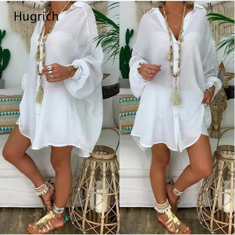 Women's Long Sleeve V-Neck Button Down Tunic Shirt Dress, Casual Loose Beach Cover Up Mini Dress with Pockets for Summer
Women's Long Sleeve V-Neck Button Down Tunic Shirt Dress, Casual Loose Beach Cover Up Mini Dress with Pockets for Summer