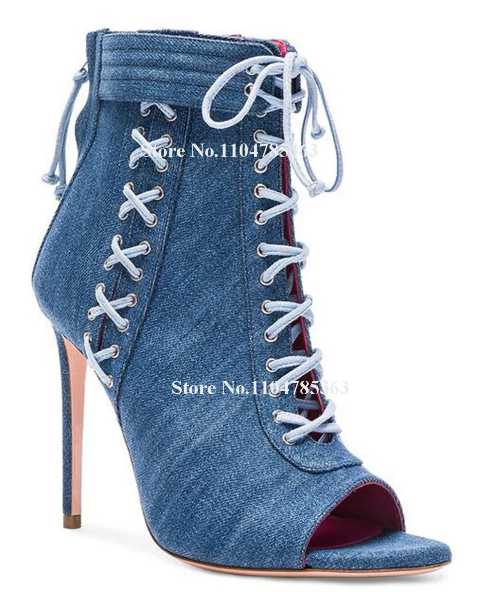Western Fashion Blue Denim Cut-out Stiletto Heel Short Boots Peep Toe Lace-up Thin Heel Ankle Booties Big Size Heels
Western Fashion Blue Denim Cut-out Stiletto Heel Short Boots Peep Toe Lace-up Thin Heel Ankle Booties Big Size Heels