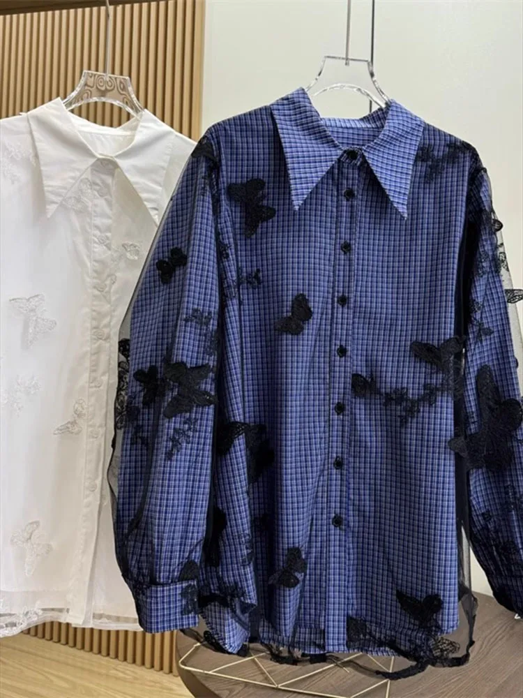 Korean Mesh Embroidery Butterfly Splicing Blouses Polo Collar Plaid Loose Fashion Chic Shirt For Women 2025 Spring Autumn
Korean Mesh Embroidery Butterfly Splicing Blouses Polo Collar Plaid Loose Fashion Chic Shirt For Women 2025 Spring Autumn