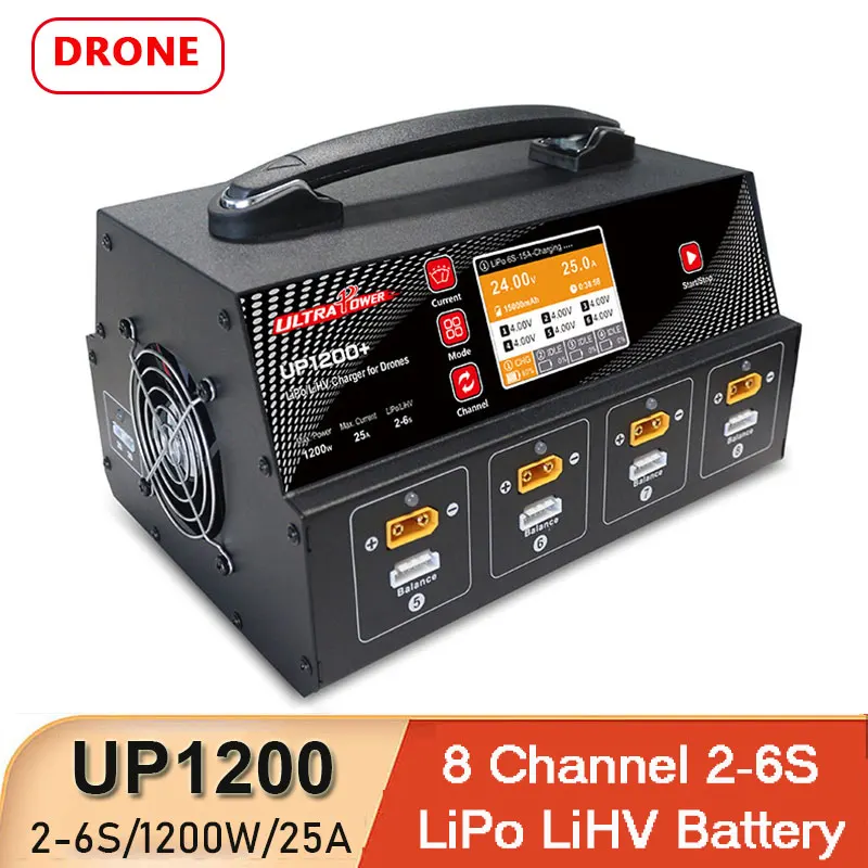Устройство для быстрой зарядки дрона Ultrapower Power UP1200 + 25A UAV, зарядное устройство с дисплеем для 8 каналов 2-6S LiPo LiHV, батарея 
Устройство для быстрой зарядки дрона Ultrapower Power UP1200 + 25A UAV, зарядное устройство с дисплеем для 8 каналов 2-6S LiPo LiHV, батарея
