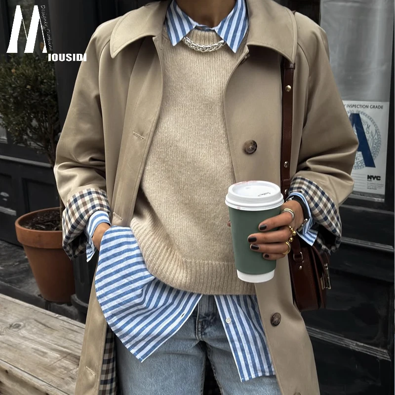 Khaki Long Coat Single Button Shoulder Insert Collar Plaid Versatile Elegant Top for Women Spring Season Cotton 100%
Khaki Long Coat Single Button Shoulder Insert Collar Plaid Versatile Elegant Top for Women Spring Season Cotton 100%
