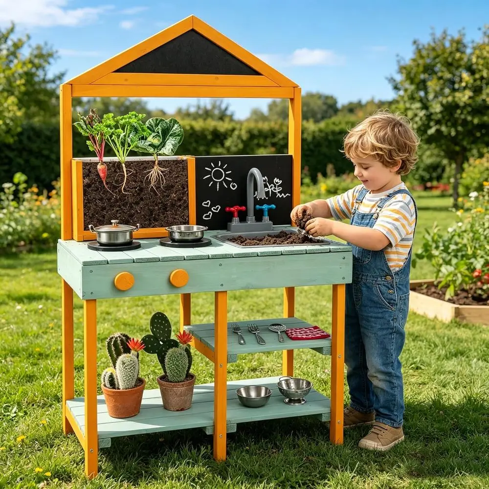 Outdoor Play Kitchen for Toddlers: Transparent Planter, Sink & Stove, Chalkboard, Storage, Ideal for Backyard Fun
Outdoor Play Kitchen for Toddlers: Transparent Planter, Sink & Stove, Chalkboard, Storage, Ideal for Backyard Fun