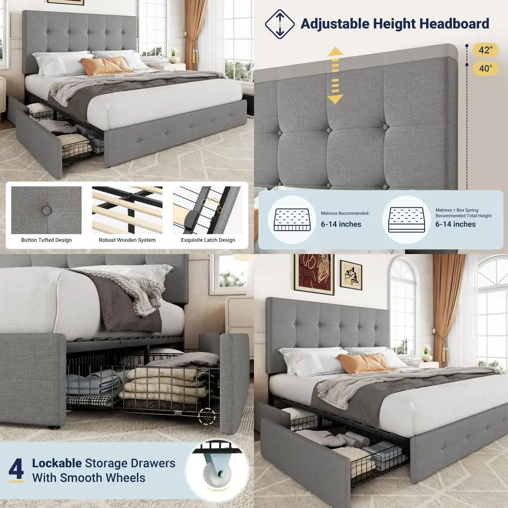 Queen Size Upholstered Platform Bed with 4 Drawers, Square Stitched Button Tufted, Wooden Slat Support, No Box Spring, Light Gre
Queen Size Upholstered Platform Bed with 4 Drawers, Square Stitched Button Tufted, Wooden Slat Support, No Box Spring, Light Gre