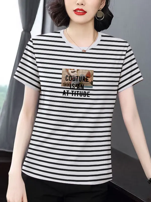 plus Size Summer Striped Women's T-Shirt Shoulder Length Short Sleeve round Neck Loose Fit Slimming Mom Top Casual Cotton Blend
plus Size Summer Striped Women's T-Shirt Shoulder Length Short Sleeve round Neck Loose Fit Slimming Mom Top Casual Cotton Blend