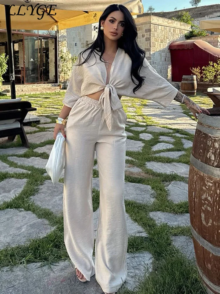 Fashion Women's Crop Top Pants Sets Lace Up Long Sleeve Shirt Wide Leg Pants 2025 Spring Summer Lady Casual Chic 2 Piece Set
Fashion Women's Crop Top Pants Sets Lace Up Long Sleeve Shirt Wide Leg Pants 2025 Spring Summer Lady Casual Chic 2 Piece Set