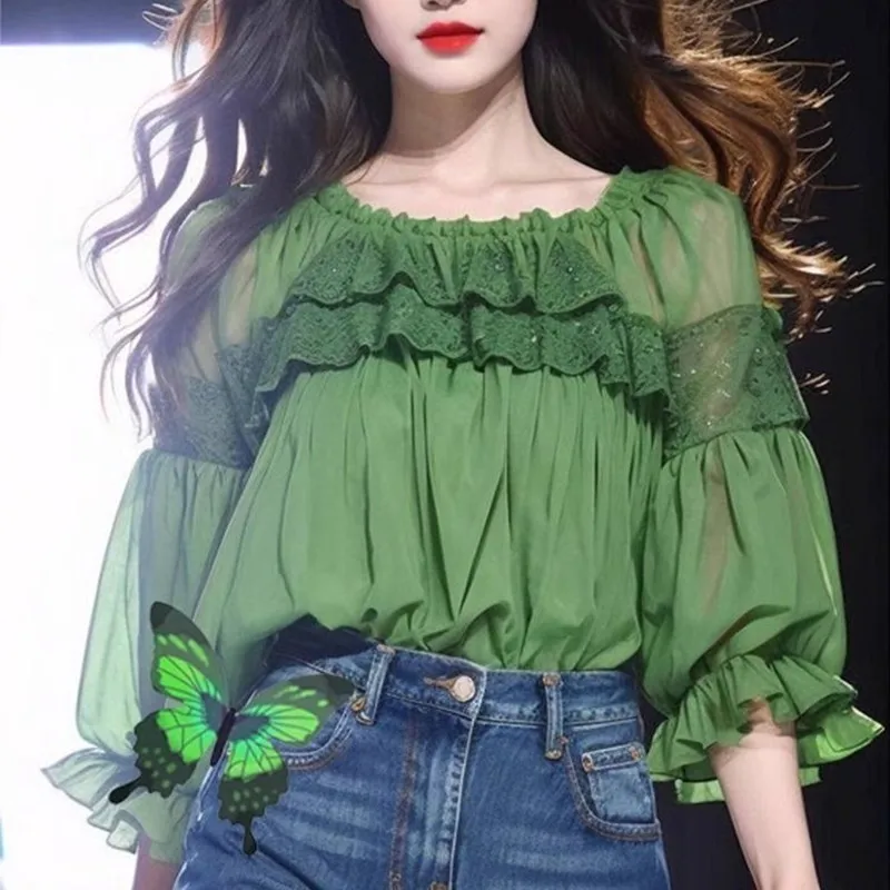 Runway Summer Lace Ruffles Patchwork Casual Loose Fashion Women's Wear Round Neck Half Sleeve Solid Color Shirt
Runway Summer Lace Ruffles Patchwork Casual Loose Fashion Women's Wear Round Neck Half Sleeve Solid Color Shirt