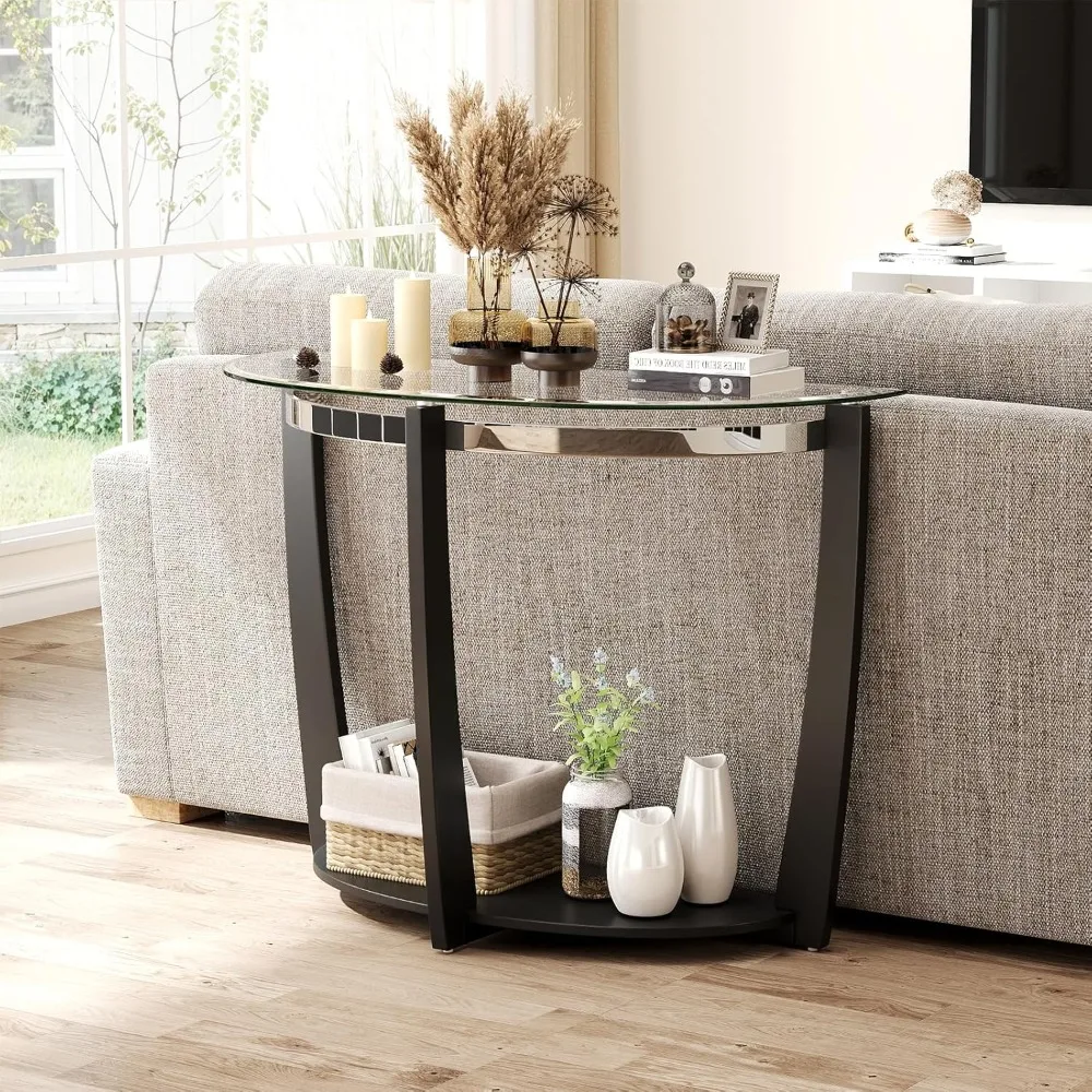 2-Tier Glass Console Table, Half Moon Modern Entryway Table with Tempered Glass Top & Open Storage Shelf, Narrow, Customized
2-Tier Glass Console Table, Half Moon Modern Entryway Table with Tempered Glass Top & Open Storage Shelf, Narrow, Customized