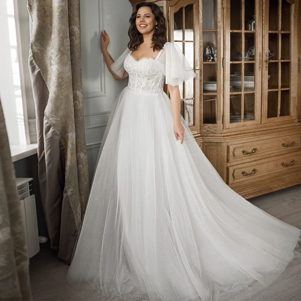 Glitter Tulle A-Line Plus Size Wedding Dress Elegant Sweetheart Appliques Short Sleeves Bridal Gowns Customized Vestido De Novia
Glitter Tulle A-Line Plus Size Wedding Dress Elegant Sweetheart Appliques Short Sleeves Bridal Gowns Customized Vestido De Novia