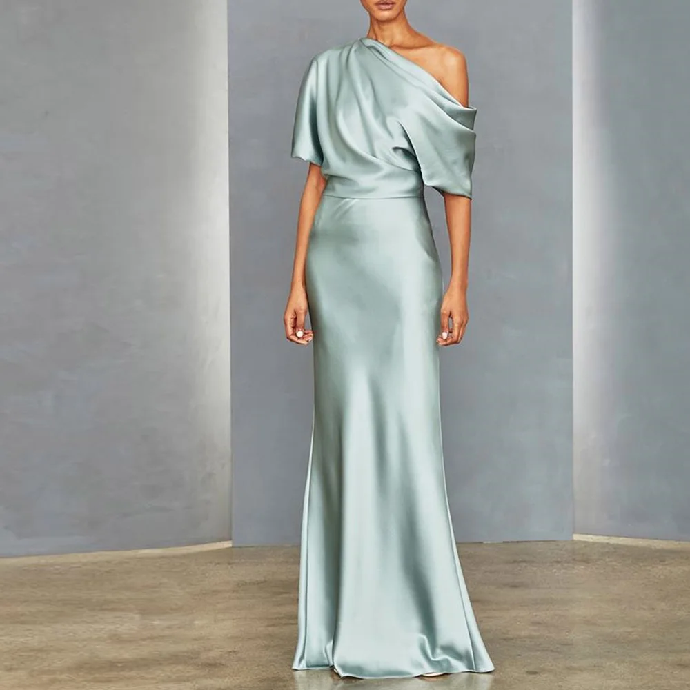 Boat Neck Satin One Shoulder Short Sleeves Straight Floor Length Pleats Zipper Back Sweep Train Elegant Luxury Evening Dress
Boat Neck Satin One Shoulder Short Sleeves Straight Floor Length Pleats Zipper Back Sweep Train Elegant Luxury Evening Dress