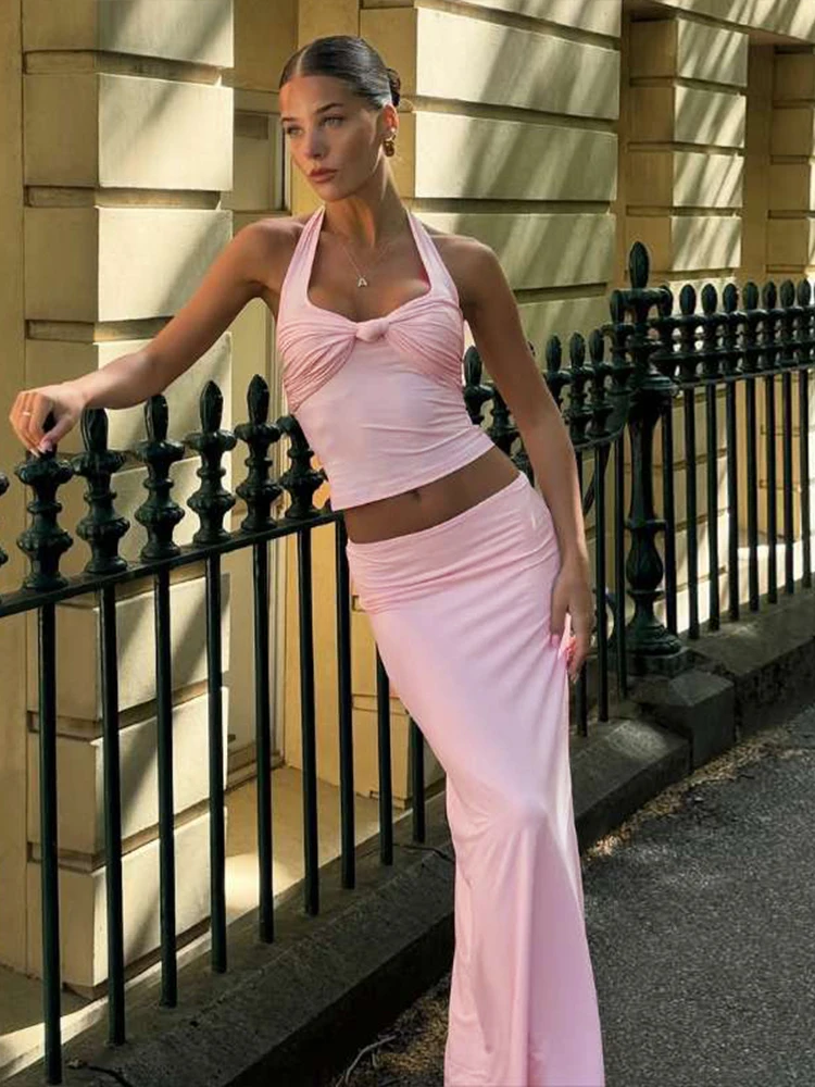Insglas Solid 2 Piece Set Sexy Women Halter Pleated Knot Backless Y2K Tank Tops+Skirts Vacation Party Elegant Matching Suits
Insglas Solid 2 Piece Set Sexy Women Halter Pleated Knot Backless Y2K Tank Tops+Skirts Vacation Party Elegant Matching Suits